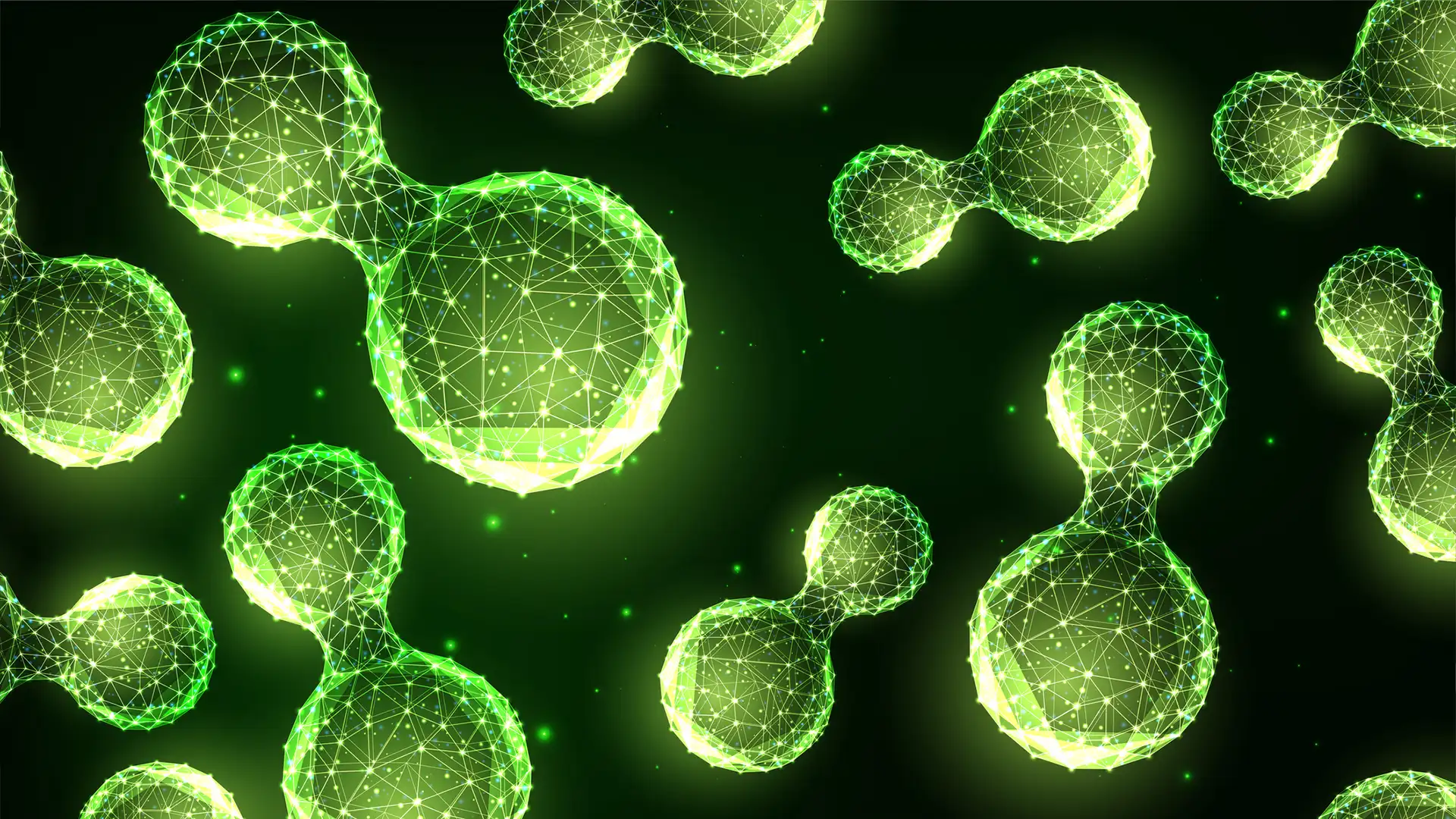 Abstract green hydrogen molecules floating in space