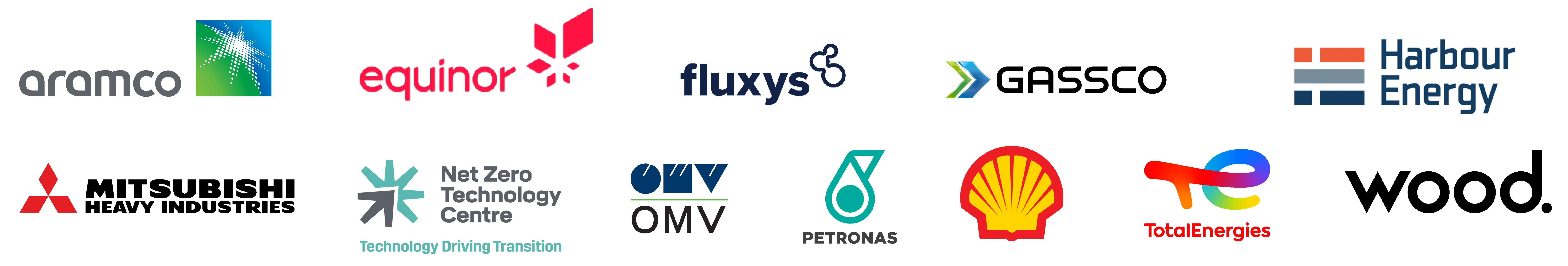 Logos for Aramco, Equinor, Fluxys, Gassco, Harbour Energy, OMV, Mitsubishi, Net Zero Technology Centre, Petronas, Shell, TotalEnergyies, DNV, Heriot Watt University, IFE, NGI, NPL, NEL and Wood