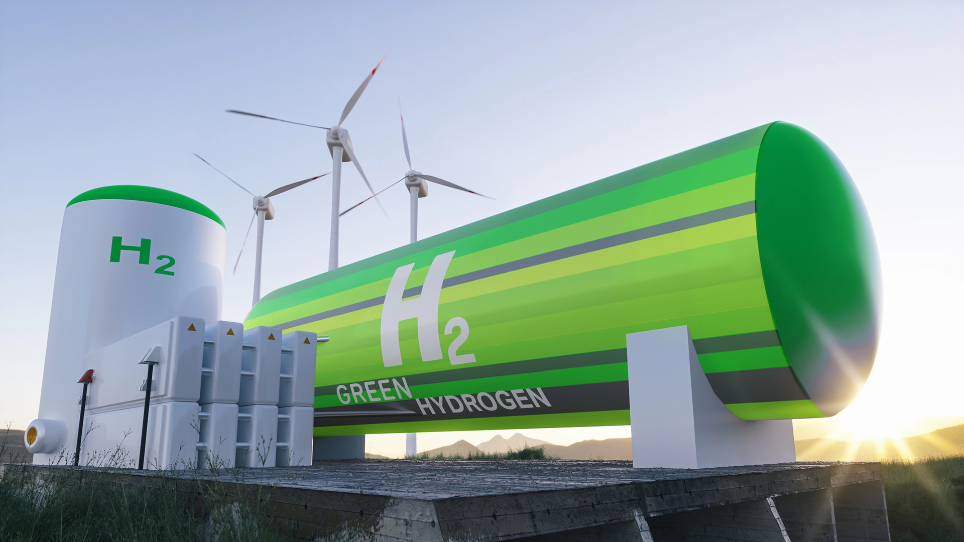 Green hydrogen tanker next to a wind farm