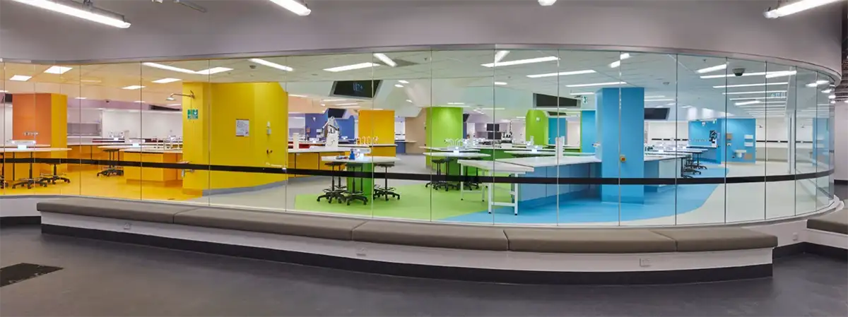 A shot of the UTS Hive PC2 Superlab, a colourful work environment